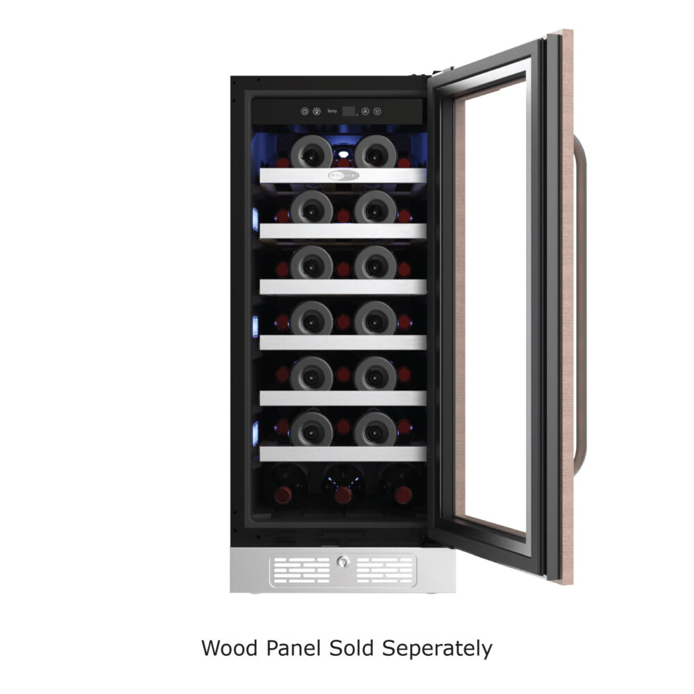 Front view of the Whynter PRW-330-WN single-zone wine refrigerator featuring a custom wood-panel-ready door frame, clear glass door, curved metal handle, front bottom ventilation grille with key lock, interior wine shelves filled with bottles