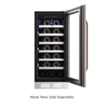 Front view of the Whynter PRW-330-WN single-zone wine refrigerator featuring a custom wood-panel-ready door frame, clear glass door, curved metal handle, front bottom ventilation grille with key lock, interior wine shelves filled with bottles