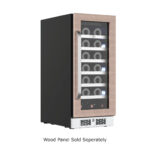 Front view of the Whynter PRW-330-WN single-zone wine refrigerator featuring a custom wood-panel-ready door frame, clear glass door, curved metal handle, front bottom ventilation grille with key lock, interior wine shelves filled with bottles