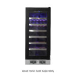 Front view of the Whynter PRW-330-WN single-zone wine refrigerator featuring a custom wood-panel-ready door frame, clear glass door, curved metal handle, front bottom ventilation grille with key lock, interior wine shelves filled with bottles