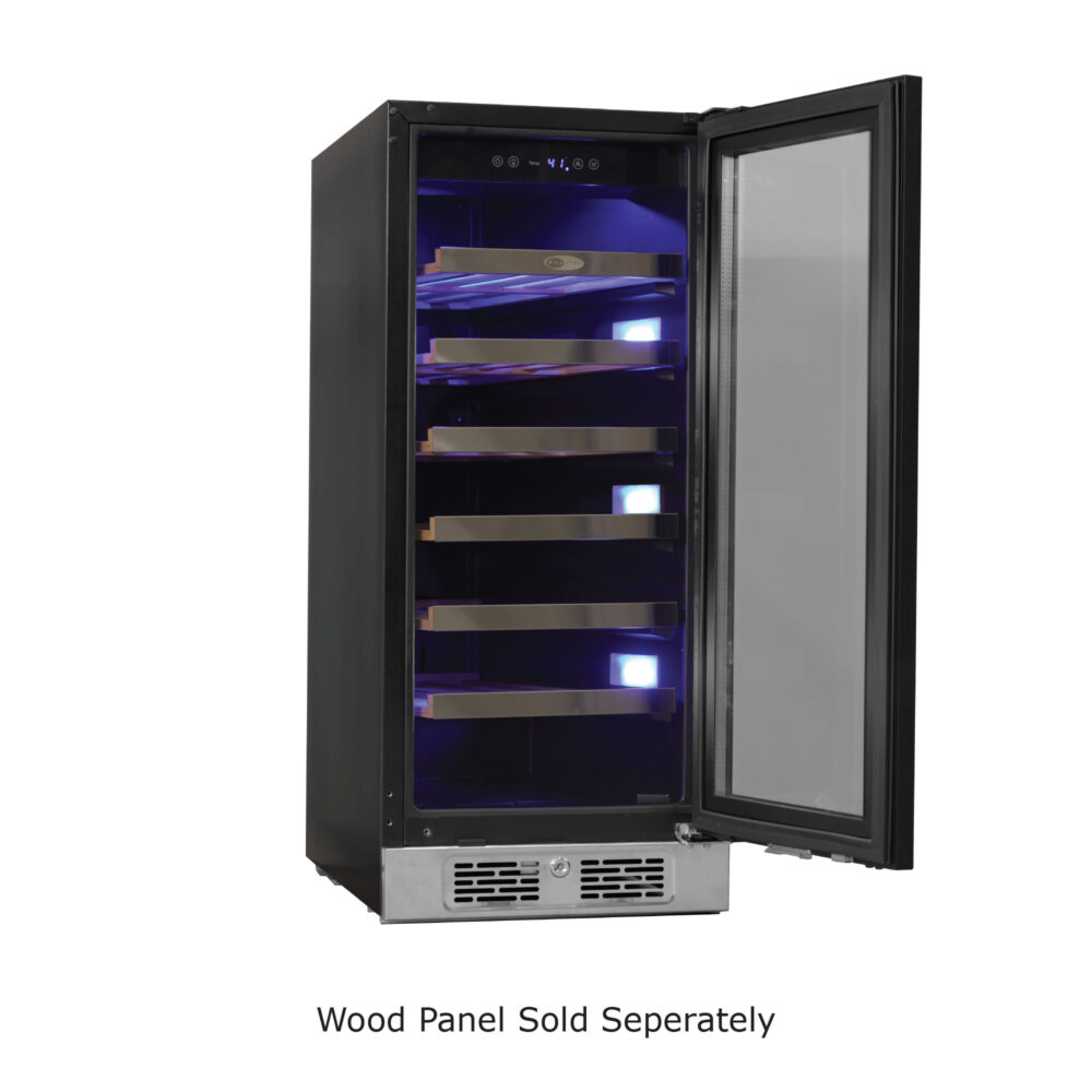 Front view of the Whynter PRW-330-WN single-zone wine refrigerator featuring a custom wood-panel-ready door frame, clear glass door, curved metal handle, front bottom ventilation grille with key lock, interior wine shelves filled with bottles