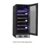 Front view of the Whynter PRW-330-WN single-zone wine refrigerator featuring a custom wood-panel-ready door frame, clear glass door, curved metal handle, front bottom ventilation grille with key lock, interior wine shelves filled with bottles