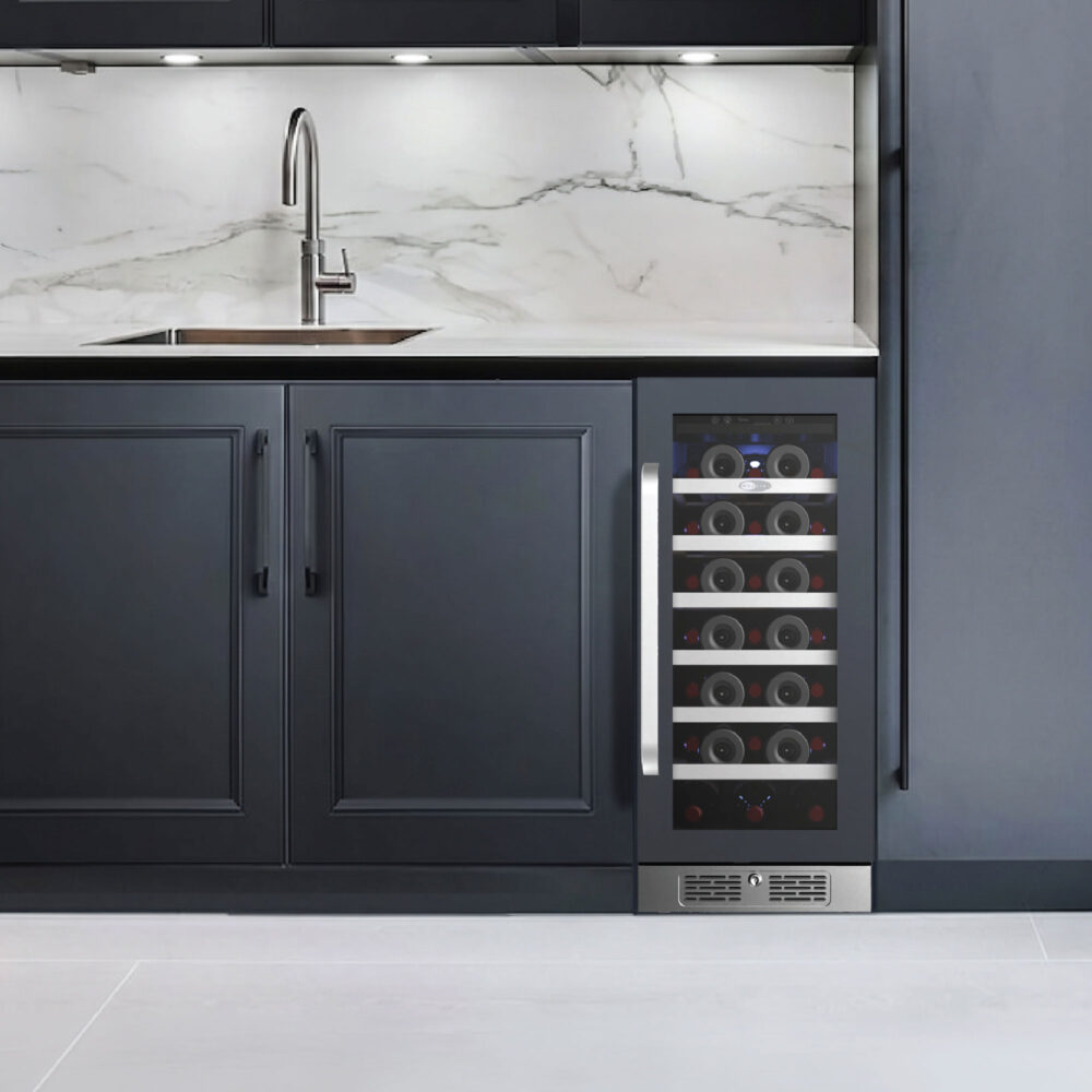 Whynter Panel-Ready Under-counter built-in wine cooler fitted with a custom panel to match adjacent white kitchen island cabinetry
