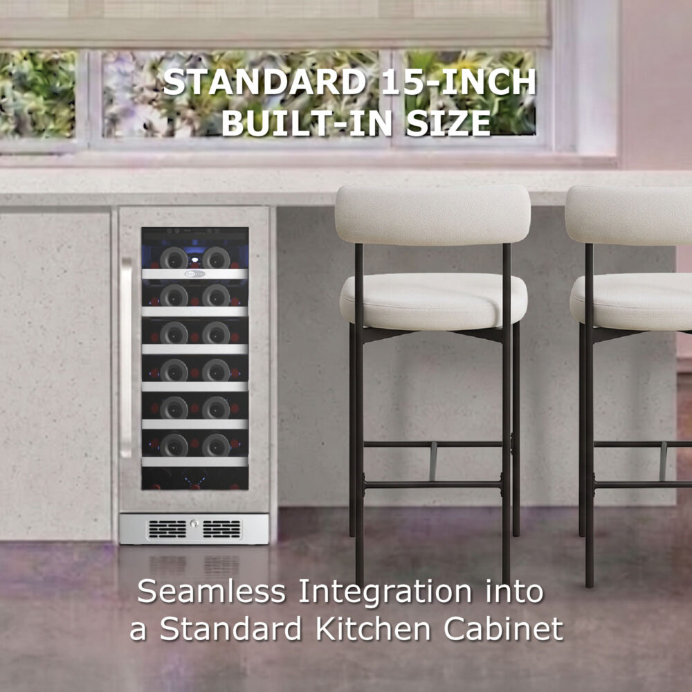 Built-in 15-inch wine cooler installed under a counter next to two bar stools, titled "STANDARD 15-INCH BUILT-IN SIZE: Seamless Integration into a Standard Kitchen Cabinet.