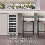 Built-in 15-inch wine cooler installed under a counter next to two bar stools, titled "STANDARD 15-INCH BUILT-IN SIZE: Seamless Integration into a Standard Kitchen Cabinet.