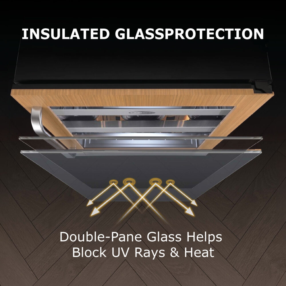 Top-down diagram illustrating insulated double-pane glass door layers reflecting heat and UV rays away from the interior, titled "INSULATED GLASSPROTECTION: Double-Pane Glass Helps Block UV Rays & Heat.
