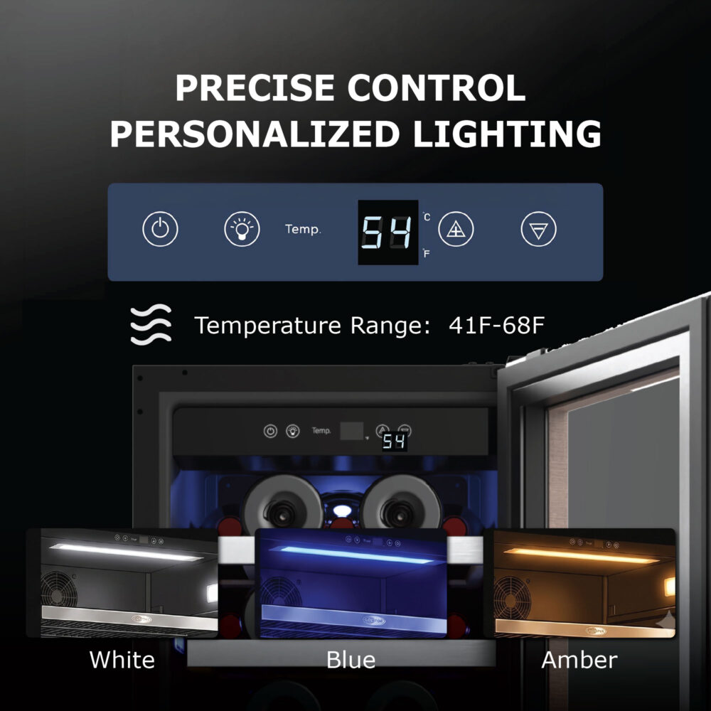 Close-up of the digital control panel showing temperature readout and adjustment buttons, paired with three preview insets displaying internal LED lighting options in white, blue, and amber.