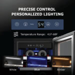 Close-up of the digital control panel showing temperature readout and adjustment buttons, paired with three preview insets displaying internal LED lighting options in white, blue, and amber.