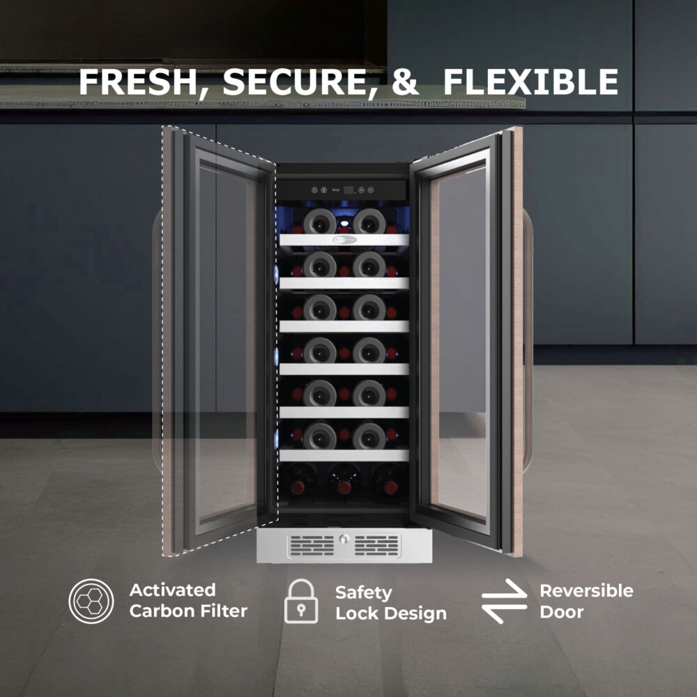 Wine refrigerator shown with reversible door swing paths in both left- and right-hinged configurations, titled "FRESH, SECURE, & FLEXIBLE" highlighting the activated carbon filter, safety lock design, and reversible door