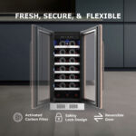 Wine refrigerator shown with reversible door swing paths in both left- and right-hinged configurations, titled "FRESH, SECURE, & FLEXIBLE" highlighting the activated carbon filter, safety lock design, and reversible door