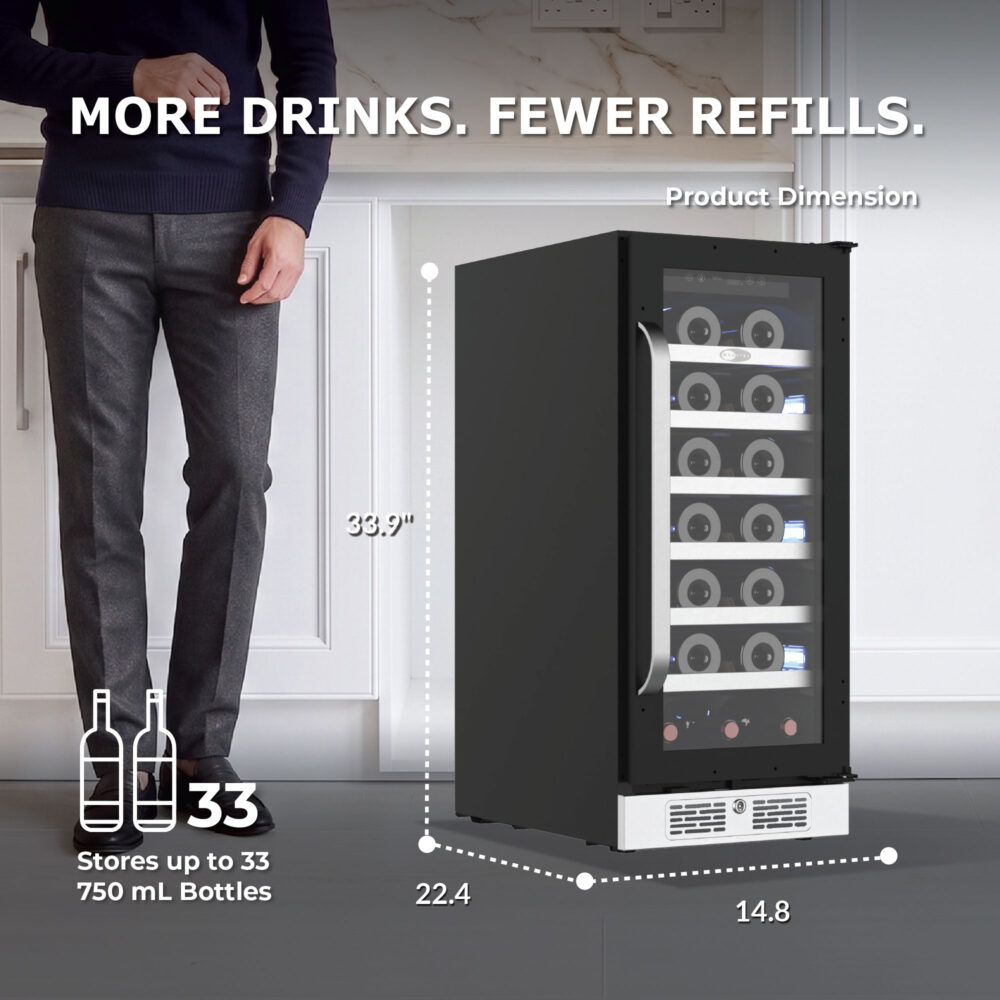 Product dimensions and capacity diagram showing unit height of 33.9 inches, depth of 22.4 inches, and width of 14.8 inches, stating storage capacity up to 33 standard 750 mL wine bottles under the headline "MORE DRINKS. FEWER REFILLS.