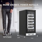 Product dimensions and capacity diagram showing unit height of 33.9 inches, depth of 22.4 inches, and width of 14.8 inches, stating storage capacity up to 33 standard 750 mL wine bottles under the headline "MORE DRINKS. FEWER REFILLS.