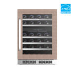 Front view of a built-in wine cooler featuring a light wood frame glass door, stainless steel handle, bottom ventilation grille, and an Energy Star certification badge.