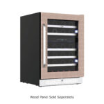 Whynter Panel-Ready Wine cooler displaying a light wood door overlay and curved handle, with a disclaimer stating Wood Panel Sold Separately.