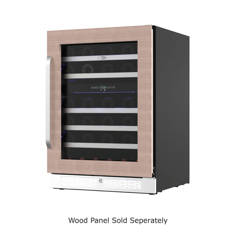 Whynter Panel-Ready Wine cooler displaying a light wood door overlay and curved handle, with a disclaimer stating Wood Panel Sold Separately.