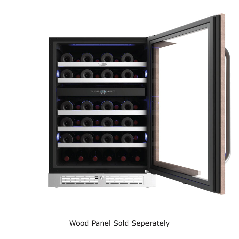 Whynter Panel-Ready Wine cooler displaying a light wood door overlay and curved handle, with a disclaimer stating Wood Panel Sold Separately.