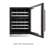 Whynter Panel-Ready Wine cooler displaying a light wood door overlay and curved handle, with a disclaimer stating Wood Panel Sold Separately.