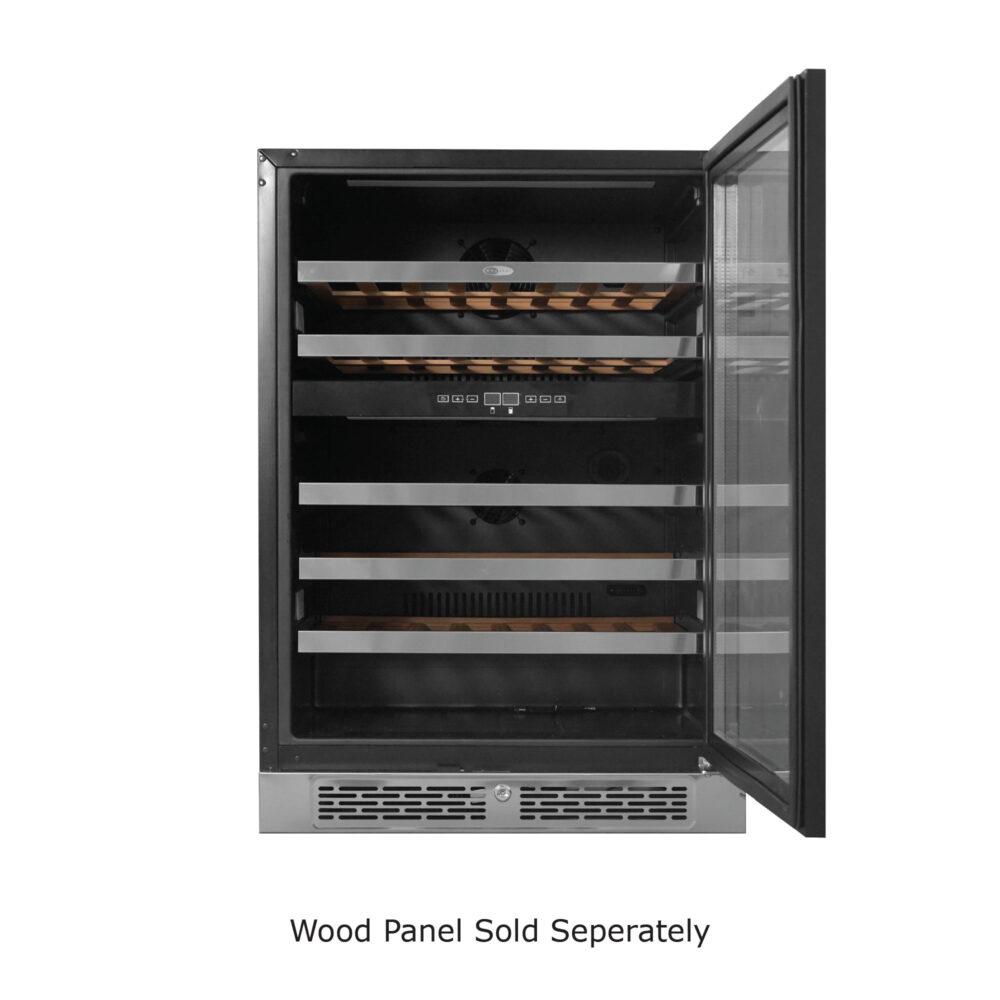 Whynter Panel-Ready Wine cooler displaying a light wood door overlay and curved handle, with a disclaimer stating Wood Panel Sold Separately.
