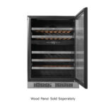 Whynter Panel-Ready Wine cooler displaying a light wood door overlay and curved handle, with a disclaimer stating Wood Panel Sold Separately.