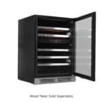 Whynter Panel-Ready Wine cooler displaying a light wood door overlay and curved handle, with a disclaimer stating Wood Panel Sold Separately.
