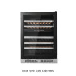 Whynter Panel-Ready Wine cooler displaying a light wood door overlay and curved handle, with a disclaimer stating Wood Panel Sold Separately.