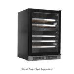 Whynter Panel-Ready Wine cooler displaying a light wood door overlay and curved handle, with a disclaimer stating Wood Panel Sold Separately.