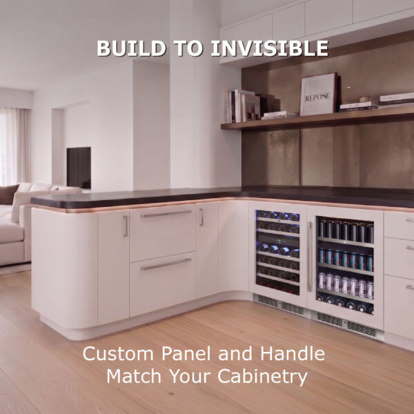 Modern kitchen counter featuring built-in beverage appliances integrated flush into white curved lower cabinetry with the text "Build to Invisible: Custom Panel and Handle Match Your Cabinetry