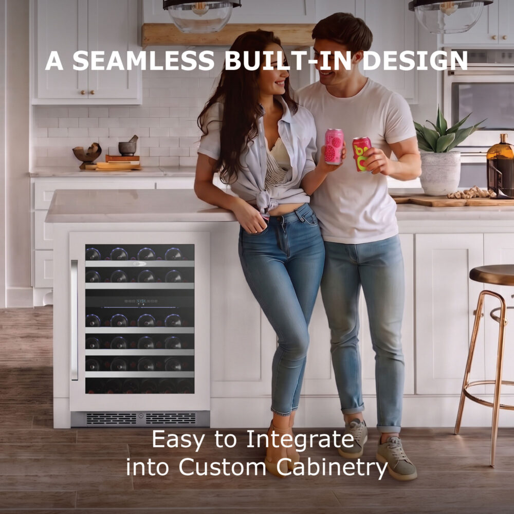 A smiling couple holding canned beverages in a contemporary kitchen with an under-counter wine cooler seamlessly installed into the white kitchen island
