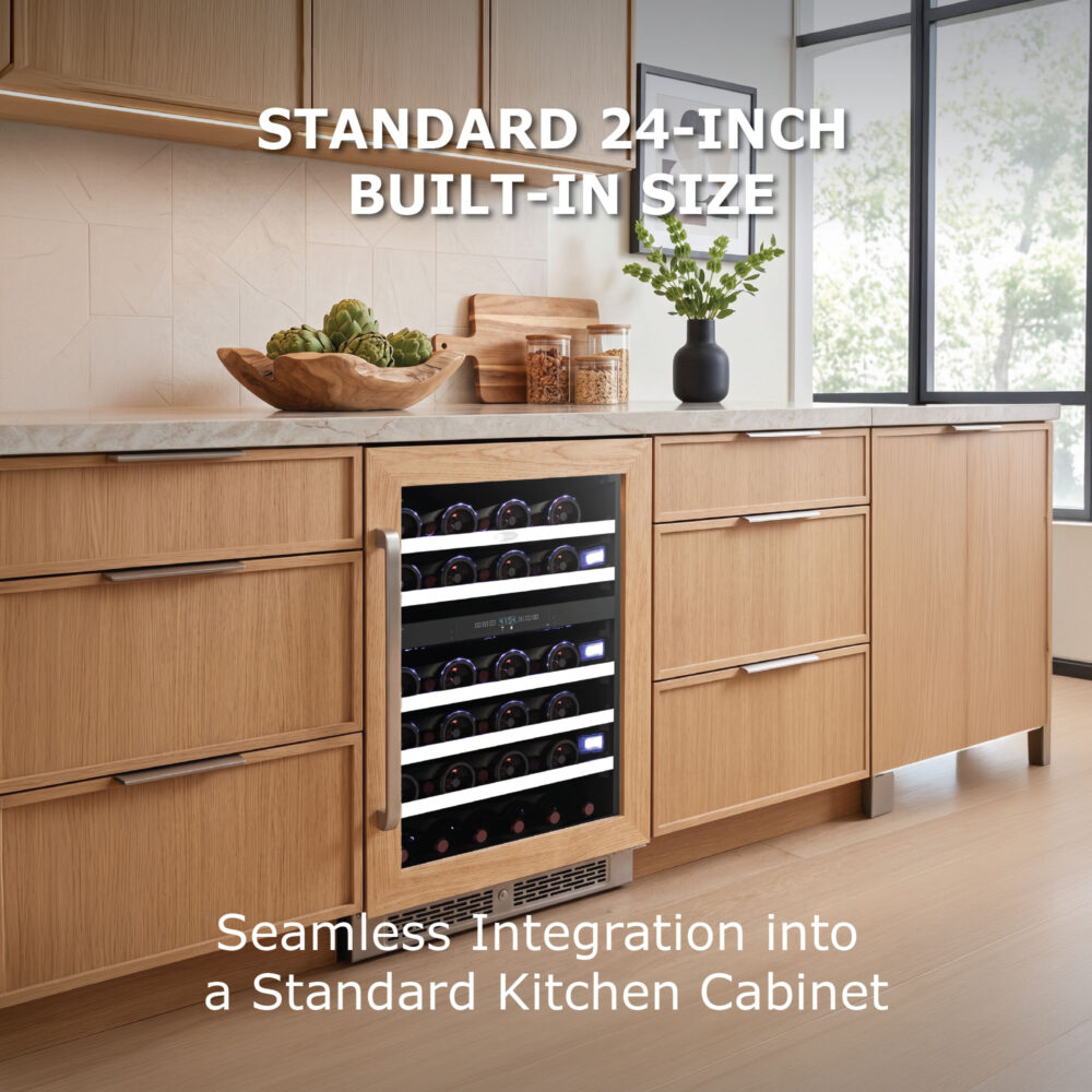 Under-counter wine cooler with a matching light oak wood frame integrated into natural oak kitchen cabinets, labeled "Standard 24-Inch Built-In Size.