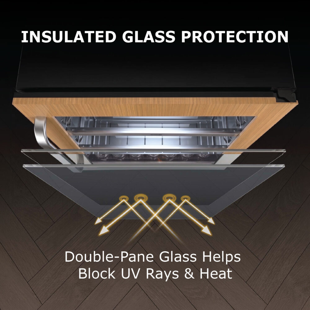 Top-down angled rendering showing the exploded double-pane glass door of the cooler deflecting thermal and UV radiation, labeled "Insulated Glass Protection.
