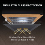 Top-down angled rendering showing the exploded double-pane glass door of the cooler deflecting thermal and UV radiation, labeled "Insulated Glass Protection.