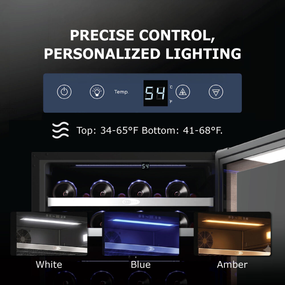 Close-up of the digital control panel showing temperature readout and adjustment buttons, paired with three preview insets displaying internal LED lighting options in white, blue, and amber.