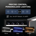 Close-up of the digital control panel showing temperature readout and adjustment buttons, paired with three preview insets displaying internal LED lighting options in white, blue, and amber.