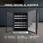 Open wine cooler showing dual-zone racks, an activated carbon filter icon, a safety key lock icon, and a reversible door swing graphic.