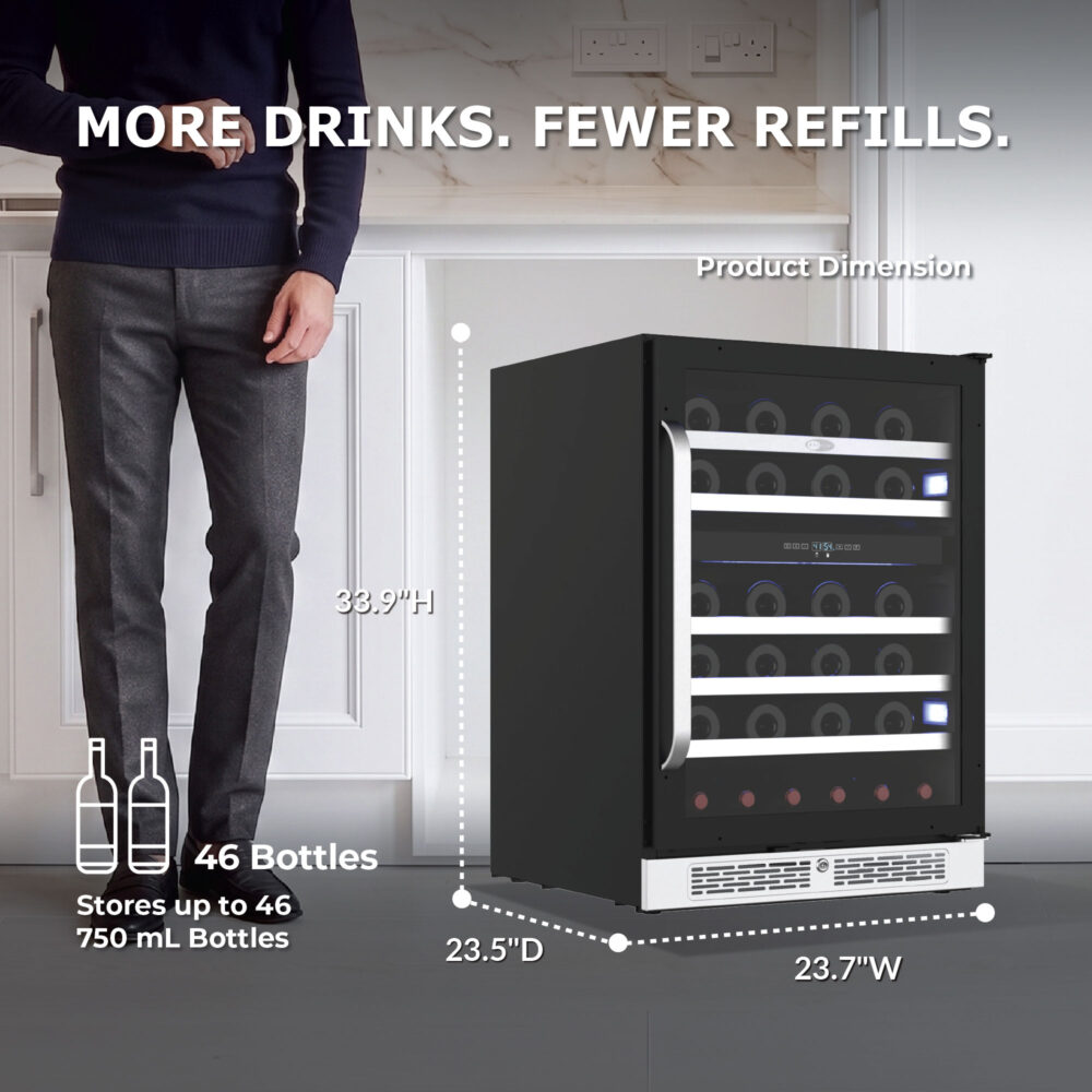 (Size and Capacity): Perspective diagram showing product dimensions of 34 inches high, 23.4 inches wide, and 22.4 inches deep, highlighting a total storage capacity of 76 standard 12 oz cans and 20 wine bottles (750 mL).