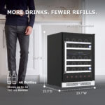(Size and Capacity): Perspective diagram showing product dimensions of 34 inches high, 23.4 inches wide, and 22.4 inches deep, highlighting a total storage capacity of 76 standard 12 oz cans and 20 wine bottles (750 mL).