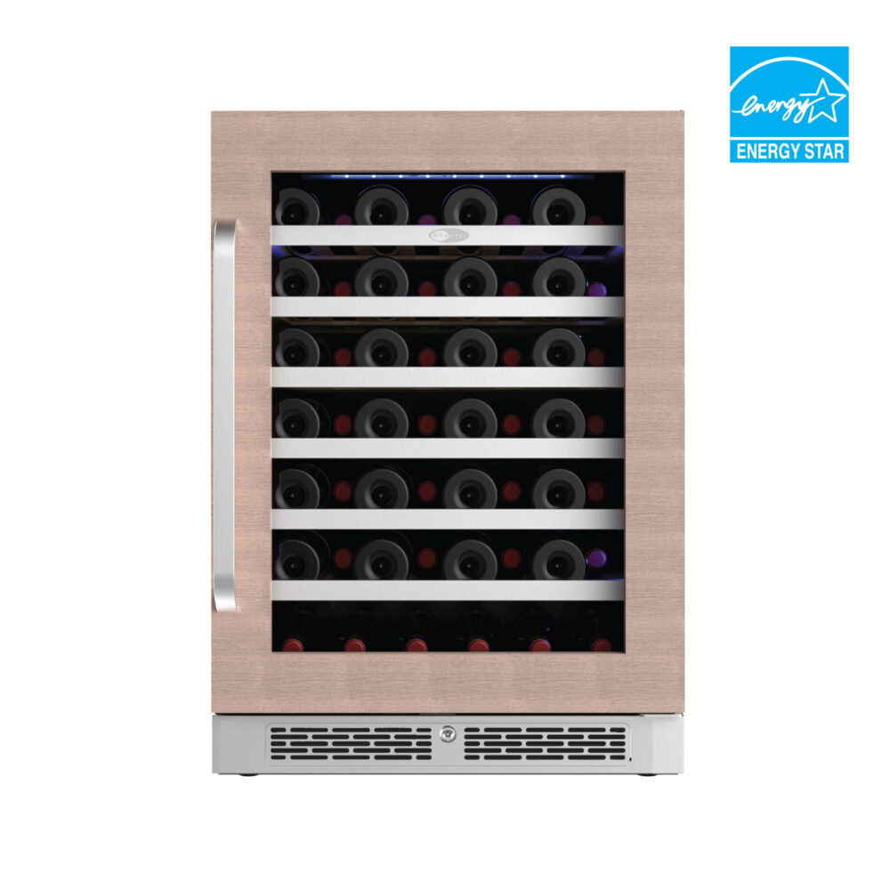 Front view of a built-in wine cooler featuring a light wood frame glass door, stainless steel handle, bottom ventilation grille, and an Energy Star certification badge.