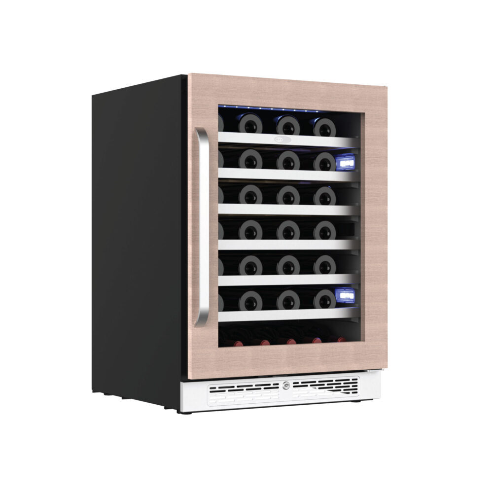 Whynter Panel-Ready Wine cooler displaying a light wood door overlay and curved handle.