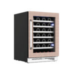 Whynter Panel-Ready Wine cooler displaying a light wood door overlay and curved handle.