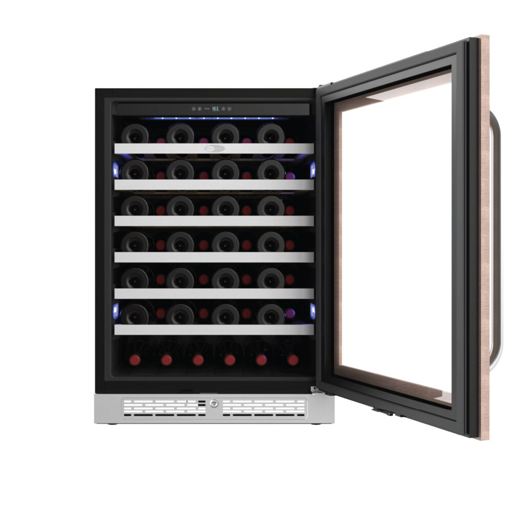 Whynter Panel-Ready Wine cooler displaying a light wood door overlay and curved handle.