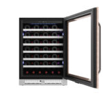 Whynter Panel-Ready Wine cooler displaying a light wood door overlay and curved handle.