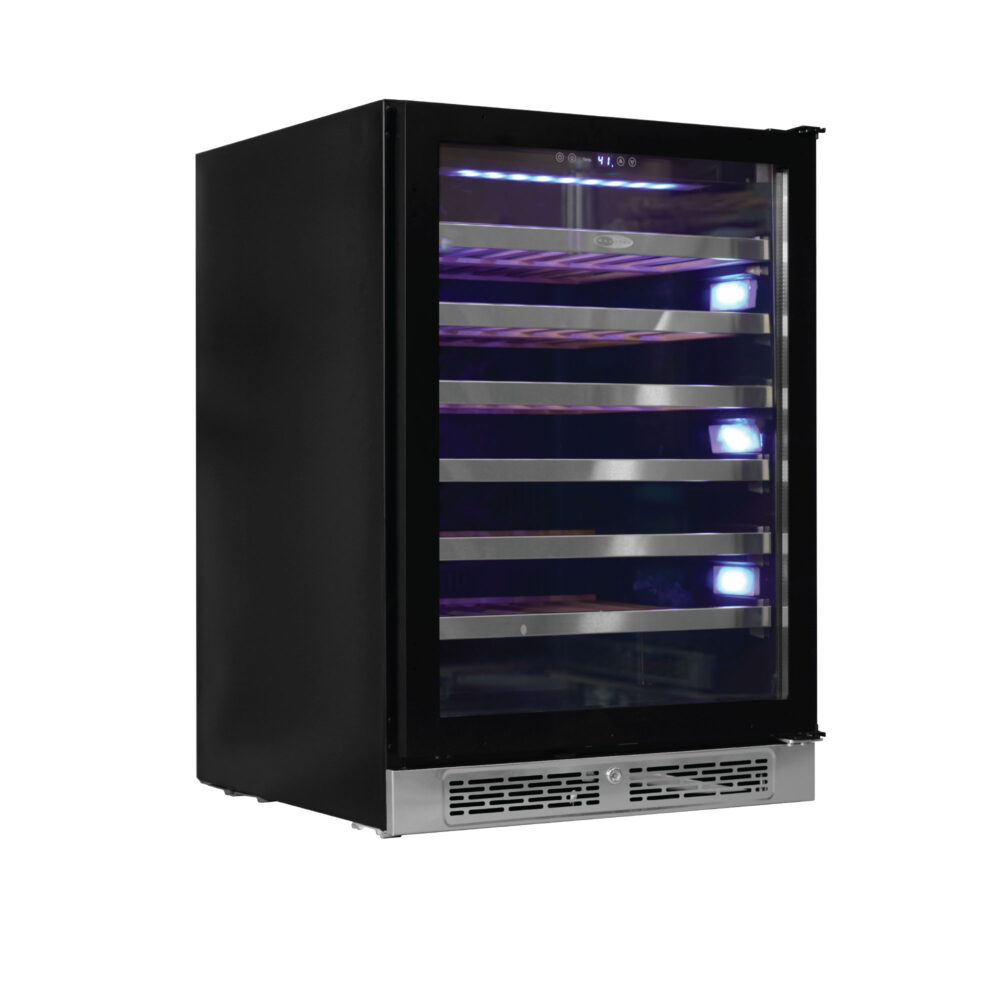 Whynter Panel-Ready Wine cooler displaying a light wood door overlay and curved handle.