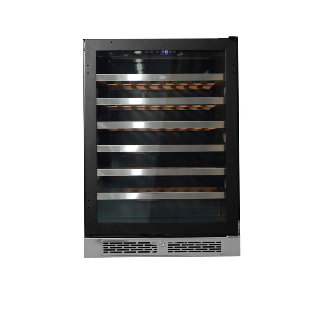 Whynter Panel-Ready Wine cooler displaying a light wood door overlay and curved handle.