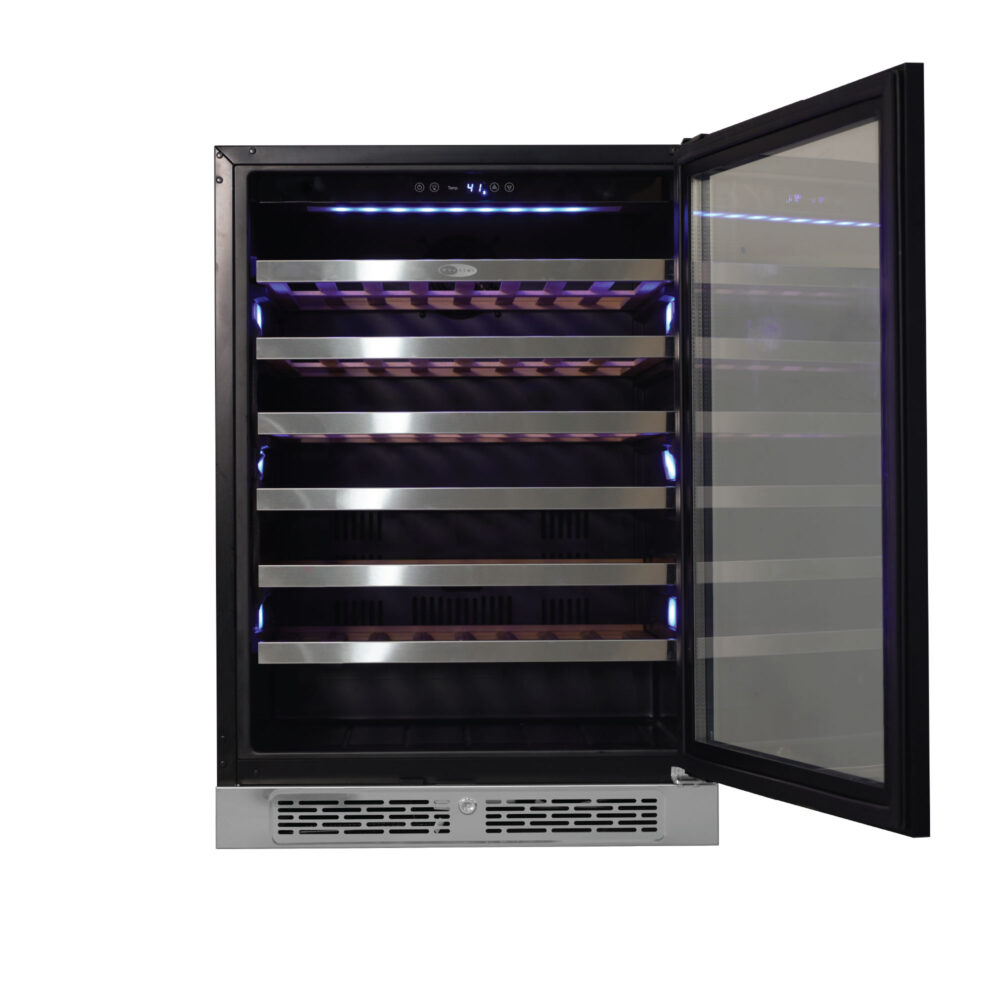 Whynter Panel-Ready Wine cooler displaying a light wood door overlay and curved handle.
