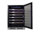 Whynter Panel-Ready Wine cooler displaying a light wood door overlay and curved handle.