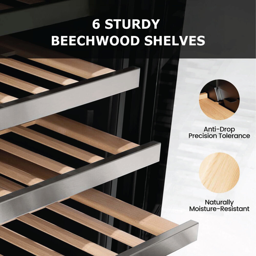 Close-up perspective of pull-out beechwood shelves with stainless steel trim, highlighting details for anti-drop precision tolerance and moisture-resistant wood construction.
