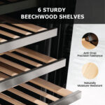 Close-up perspective of pull-out beechwood shelves with stainless steel trim, highlighting details for anti-drop precision tolerance and moisture-resistant wood construction.