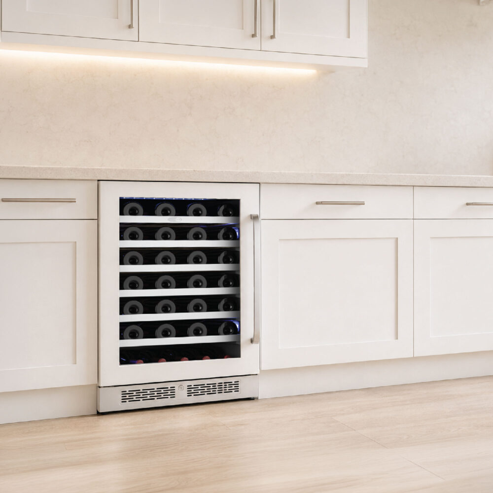 Straight-on shot of the dual-zone wine cooler fitted flush beneath gray shaker kitchen cabinets.