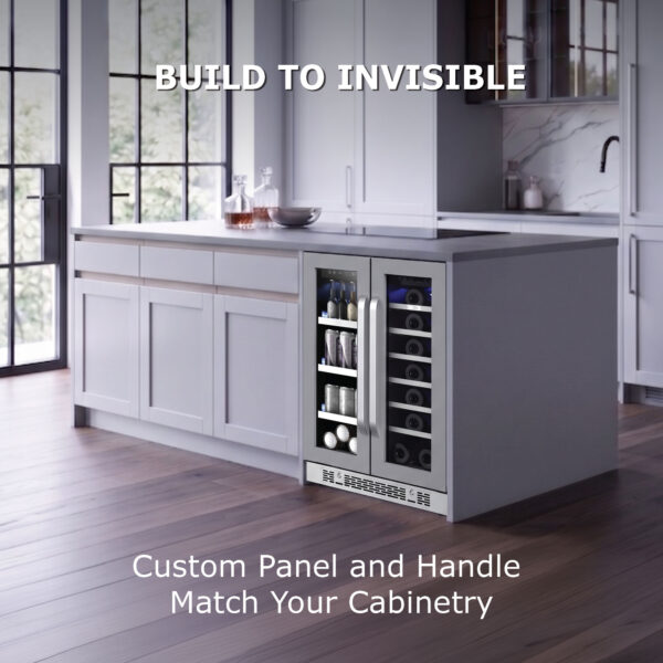 Built-in dual-zone beverage and wine refrigerator installed under a kitchen island with custom white cabinetry panels, showcasing interior shelves stocked with beer bottles, cans, and wine.