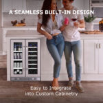 Couple standing by a white kitchen island featuring an integrated French-door beverage cooler, labeled "A Seamless Built-In Design: Easy to Integrate into Custom Cabinetry.